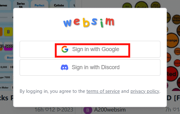 Tạo tài khoản Websim