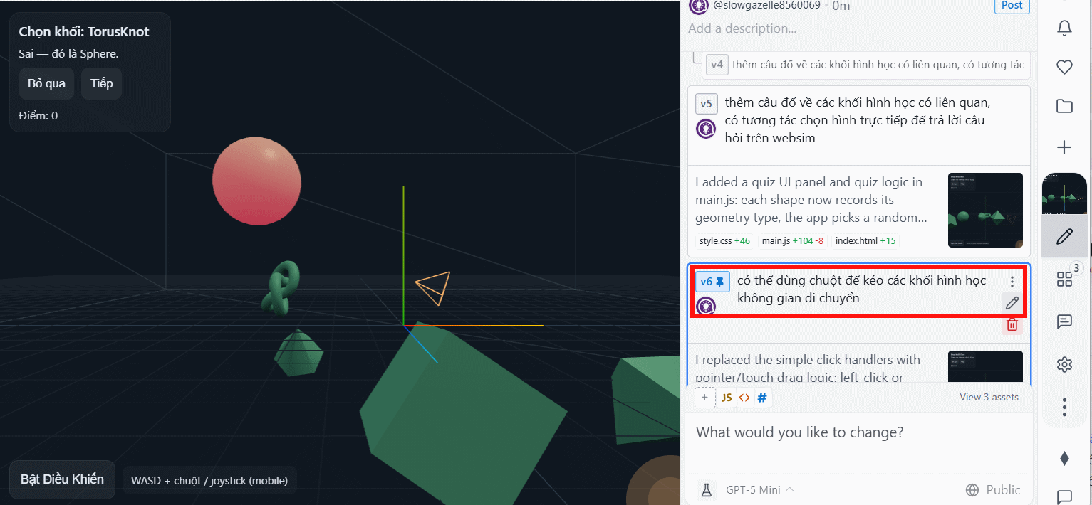 Lệnh di chuyển hình khối tạo trên Websim