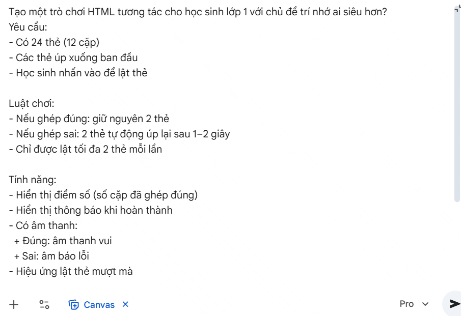 Prompt tạo trò chơi ghép cặp trên Gemini