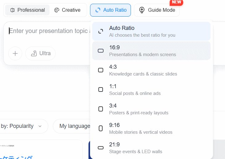 Chọn kích thước AI Slides trên Genspark AI