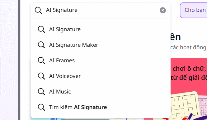 Tìm ứng dụng AI Signature Canva