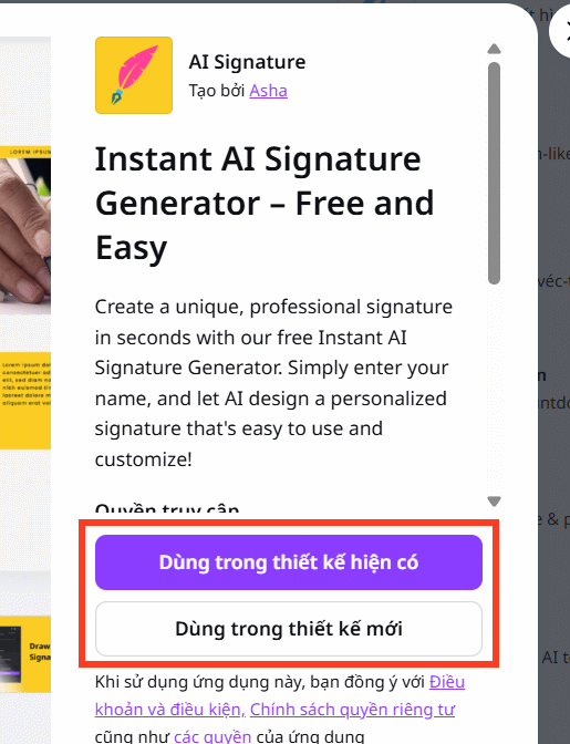 Chọn thiết kế dùng AI Signature Canva