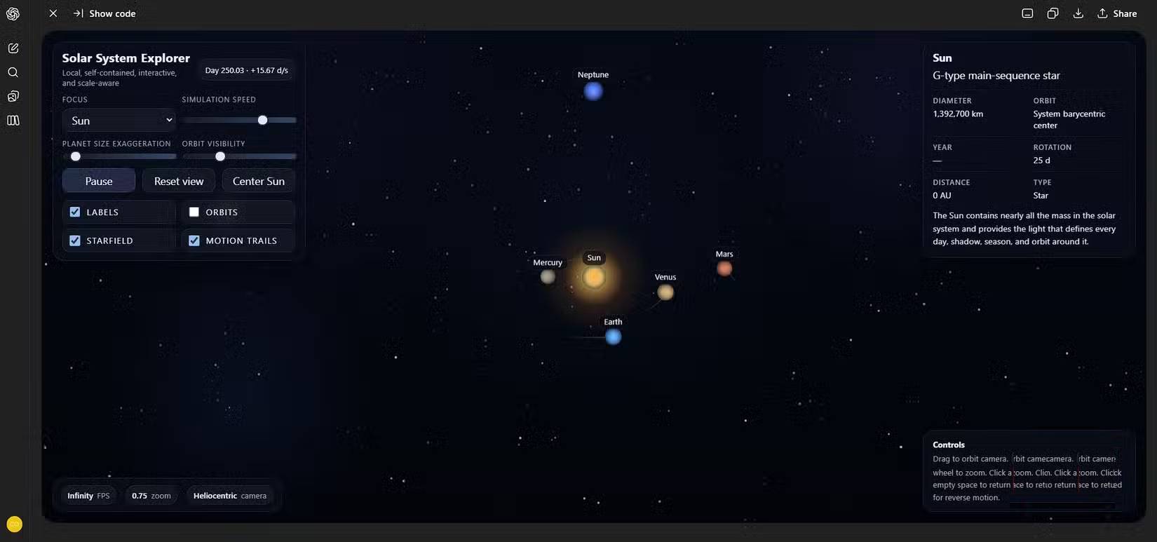 ChatGPT xuất ra trình mô phỏng hệ mặt trời đã được sửa lỗi