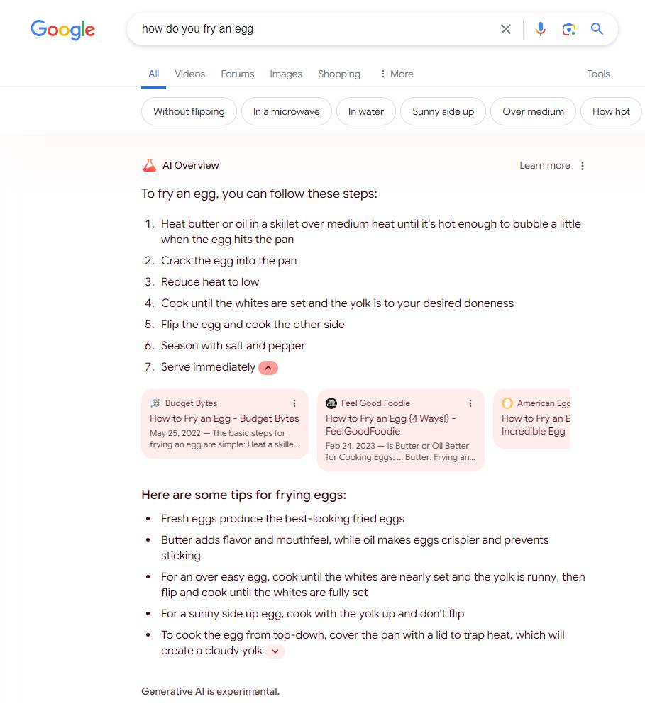 AI Overviews của Google cho tìm kiếm "cách chiên trứng"