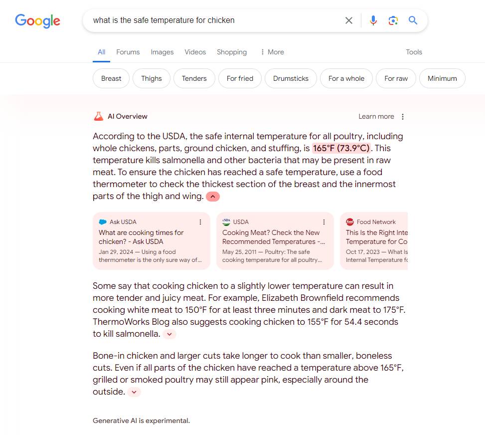 AI Overviews cho câu hỏi "nhiệt độ an toàn cho thịt gà là bao nhiêu?"