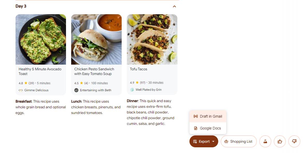 Tùy chọn xuất kế hoạch AI sang Gmail, Google Docs hoặc danh sách mua sắm