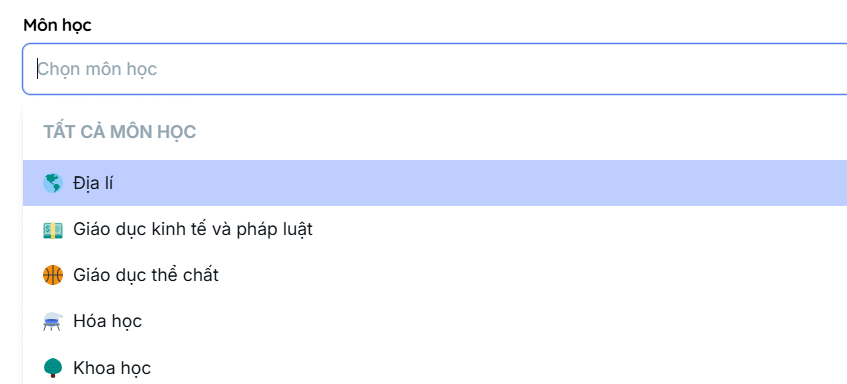 Chọn môn học bài kiểm tra trên Teachy AI