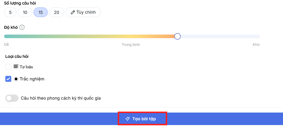 Thiết lập tạo bài kiểm tra trên Teachy AI