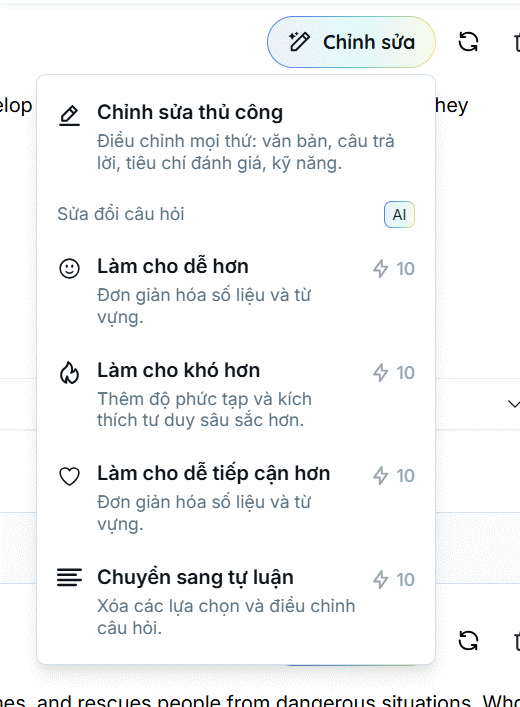 Menu sửa bài kiểm tra trên Teachy AI
