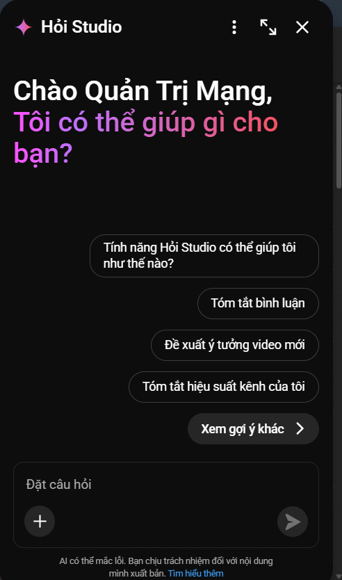Khung chat Ask YouTube Studio