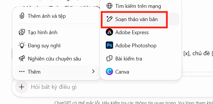 Chế độ soạn thảo văn bản ChatGPT