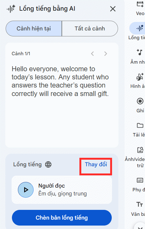 Chọn giọng lồng tiếng AI video Google Vids