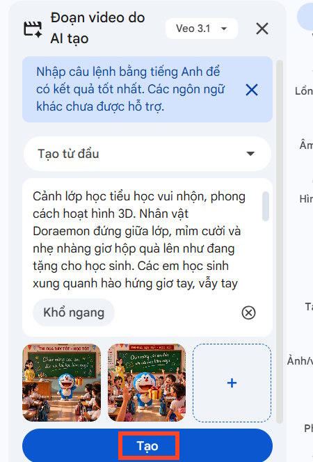 Lệnh tạo video từ nhiều ảnh trên Google Vids