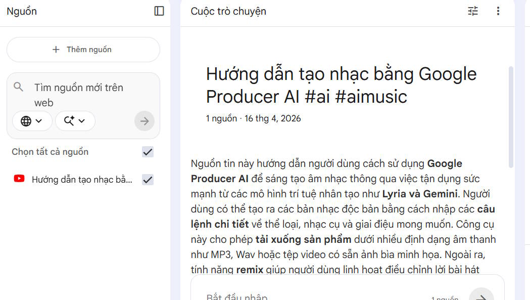 Nguồn video YouTube với NotebookLM
