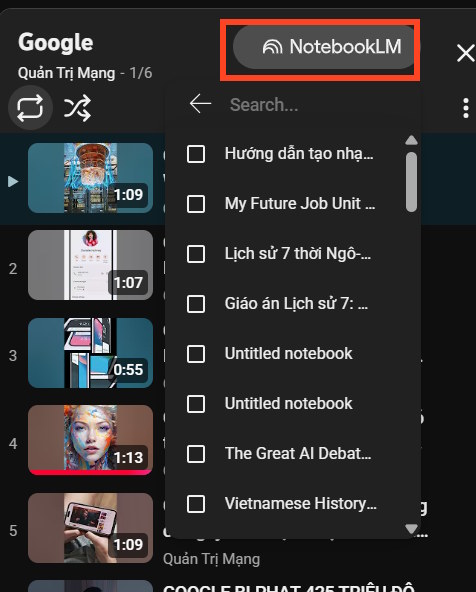 Đồng bộ playlist YouTube với NotebookLM