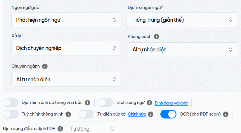 Chọn chế độ dịch trên Doctranslate.io
