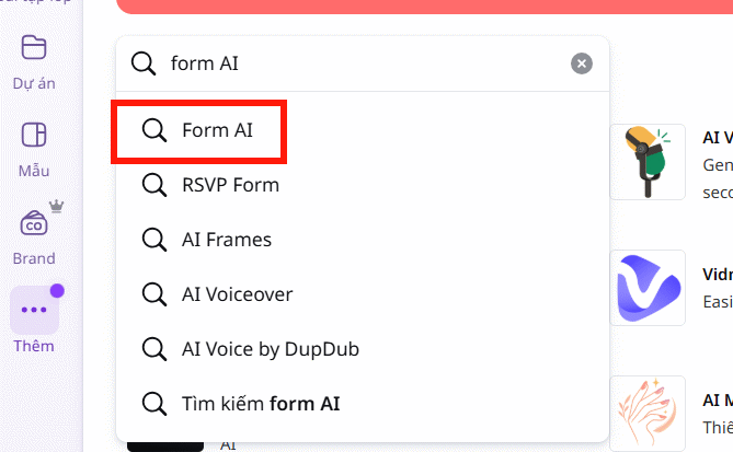 Tìm ứng dụng Form AI trên Canva AI