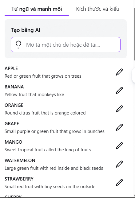 Từ cho Crossword AI trên Canva AI 