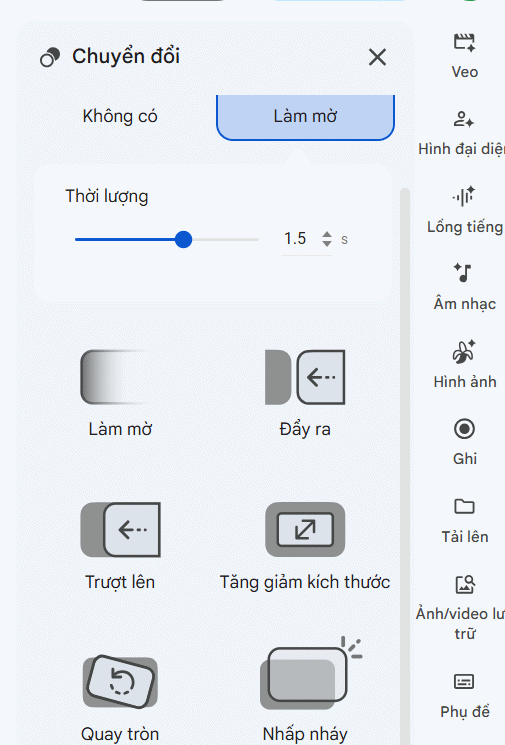 Chọn hiệu ứng chuyển cảnh tạo video Google Vids