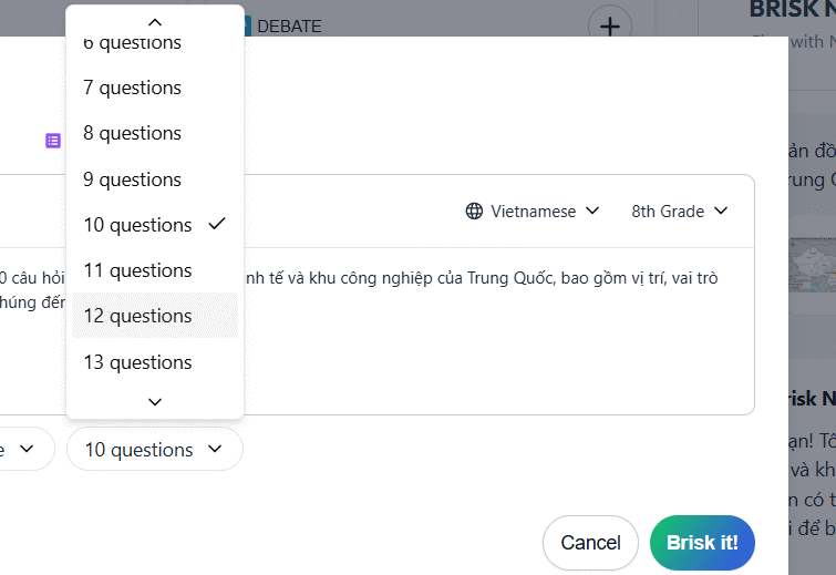 Chọn số lượng câu hỏi tạo trên Brisk