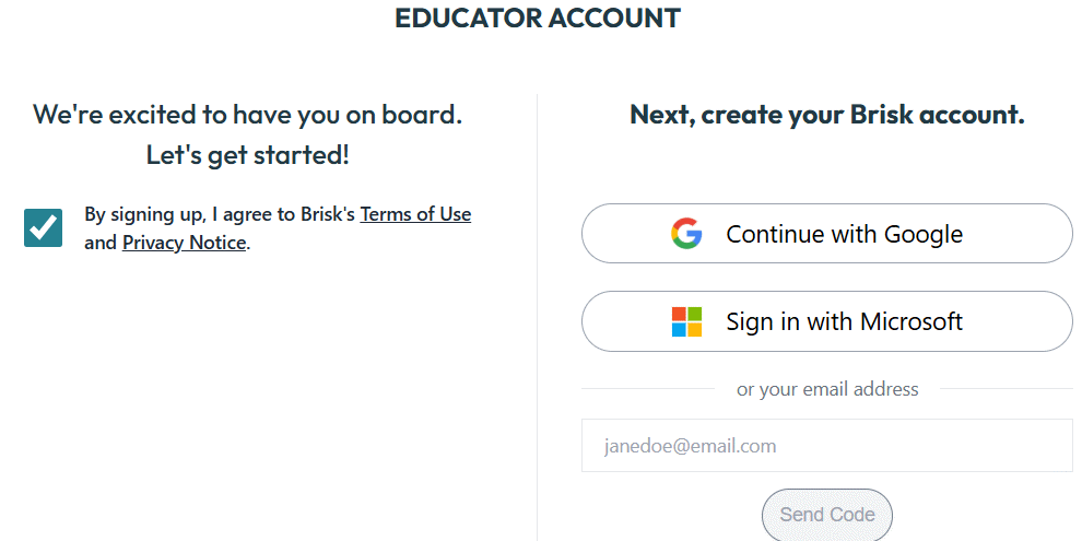 Tạo tài khoản Brisk