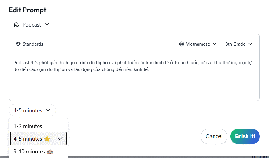 Chỉnh prompt tạo Podcast trên Brisk