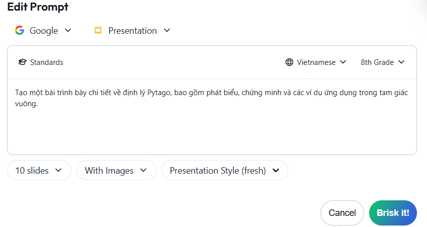 Chỉnh prompt slide trên Brisk AI