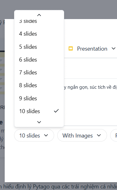 Chọn số lượng slide tạo trên Brisk AI
