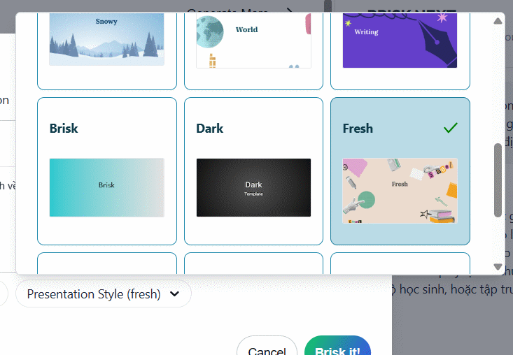 Kiểu slide tạo trên Brisk AI