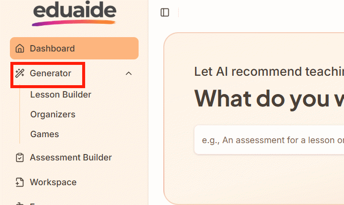 Nhấn Generator trên Eduaide