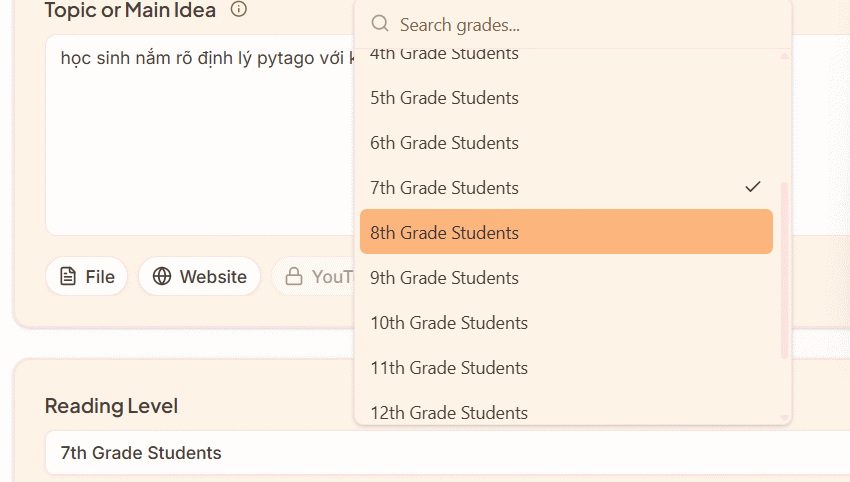 Chọn khối lớp học tạo bài học trên Eduaide