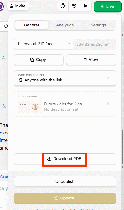 Tùy chọn xuất bản slide tạo trên Faces App