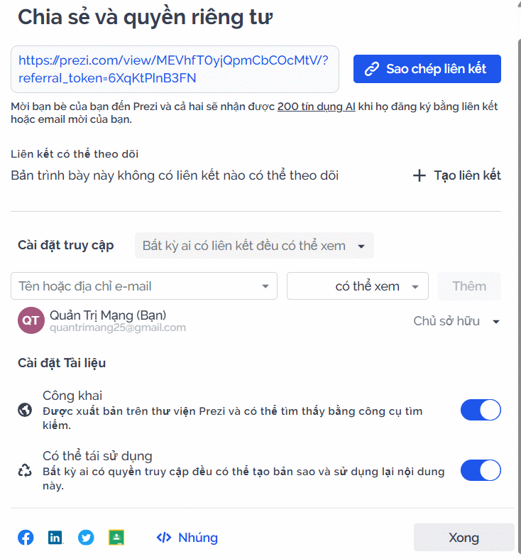 Chia sẻ slide tạo trên Prezi AI
