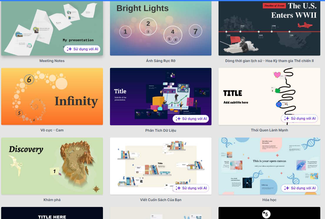 Mẫu tạo slide trên Prezi AI