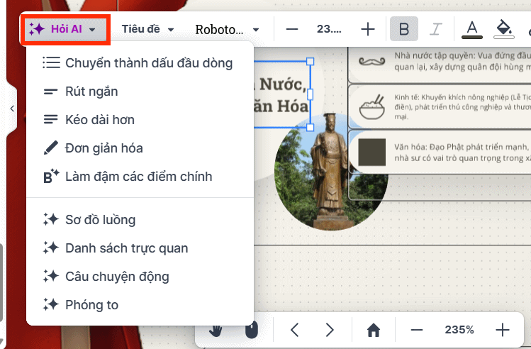 Hỏi AI trong slide tạo trên Prezi AI