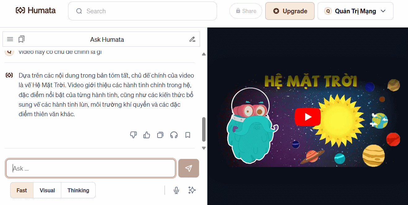 Chat phân tích video YouTube trên Humata