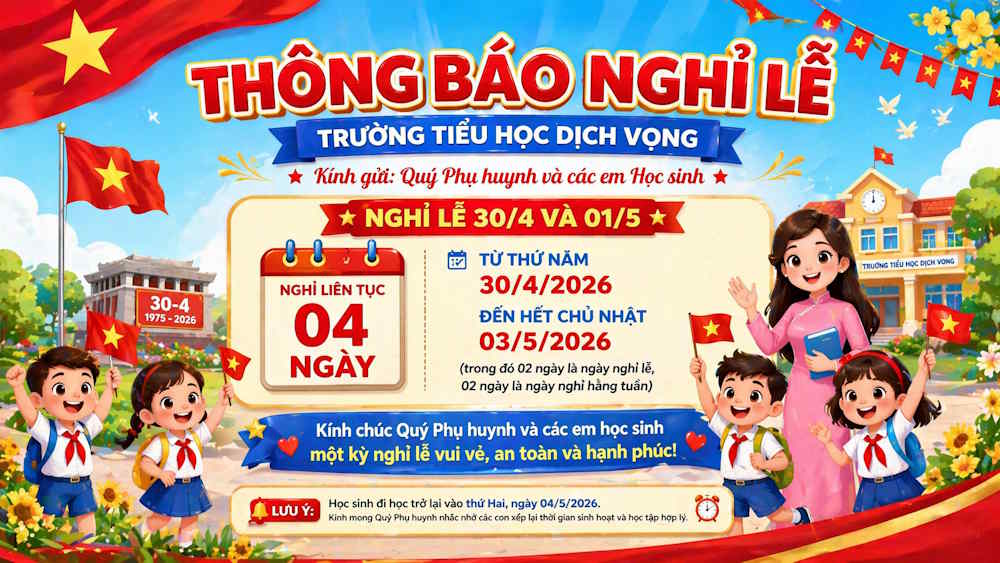 Prompt banner thông báo nghỉ lễ 30/4 và 1/5 cho trường học