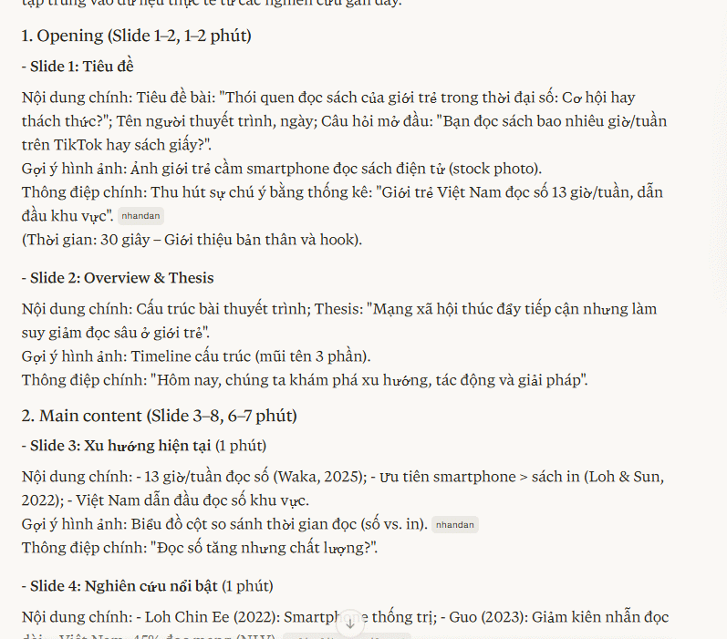 Prompt tạo dàn ý thuyết trình 10 phút