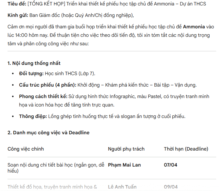  Câu lệnh yêu cầu Gemini viết email tổng kế cuộc họp