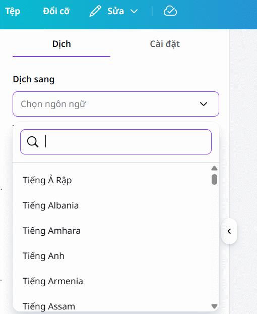 Chọn ngôn ngữ dịch trên Canva AI 
