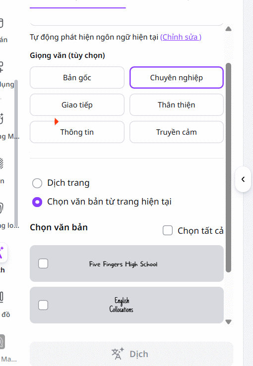 Chọn cách dịch slide trên Canva AI 