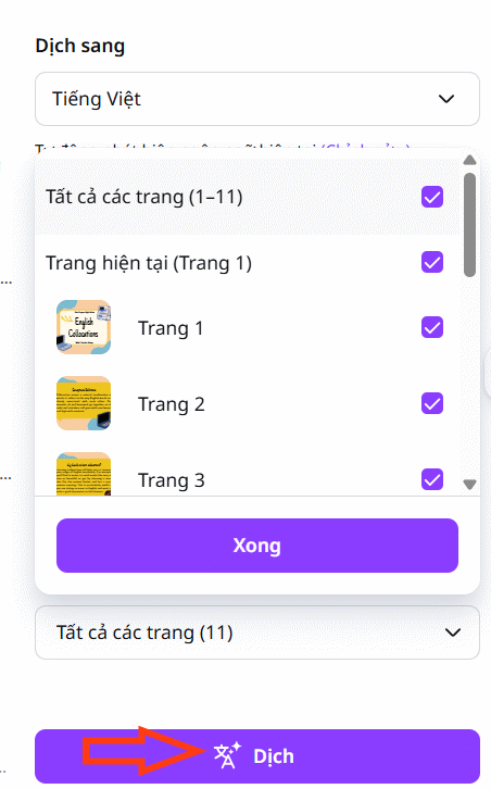 Chọn cách dịch slide trên Canva AI 