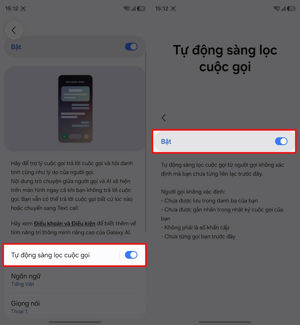 Tự động sàng lọc cuộc gọi Galaxy AI