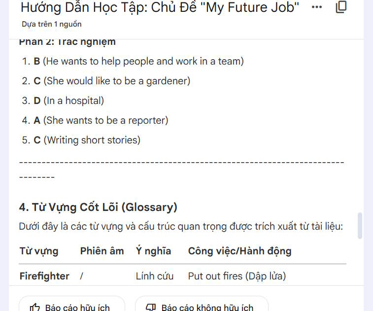 Phần kết quả bài Reading trên NotebookLM