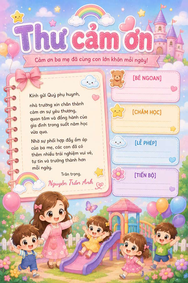 Thư cảm ơn cho cấp mần non