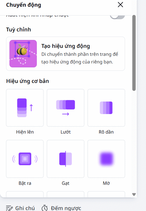 Kiểu hiệu ứng chuyển động trên Canva 