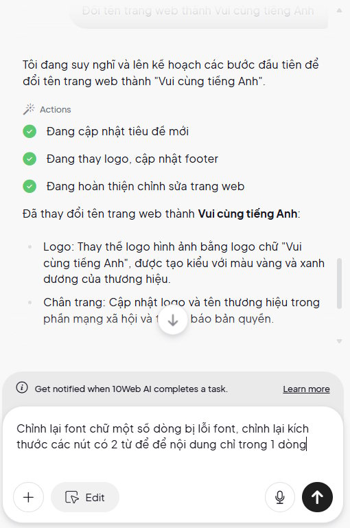 Yêu cầu chỉnh cho web tạo trên 10Web