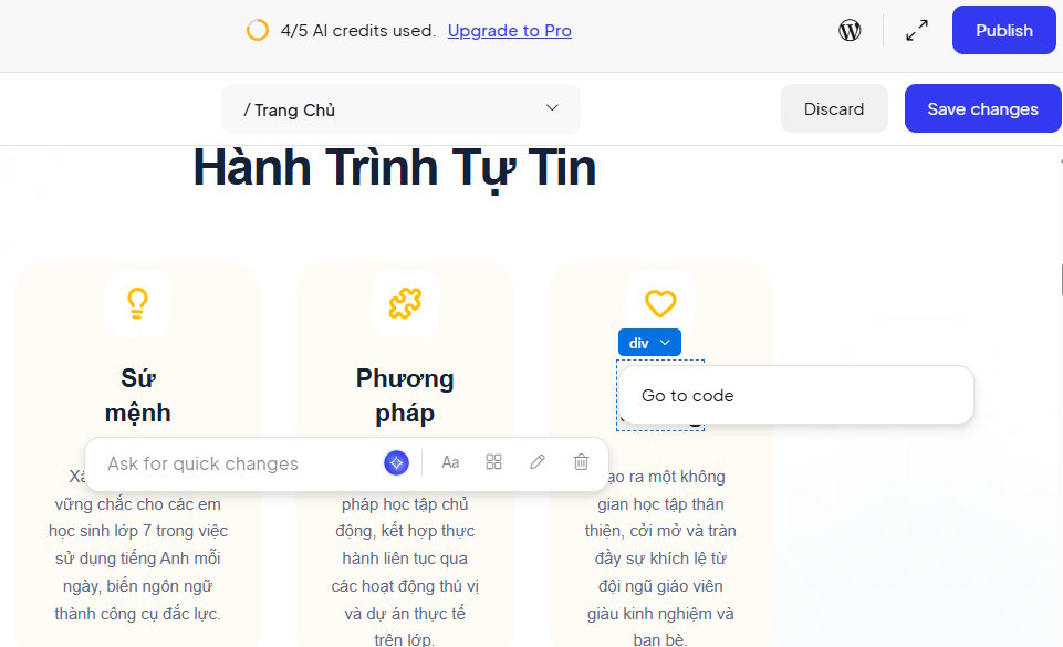 Chọn vùng chỉnh sửa trên web tạo trên 10Web