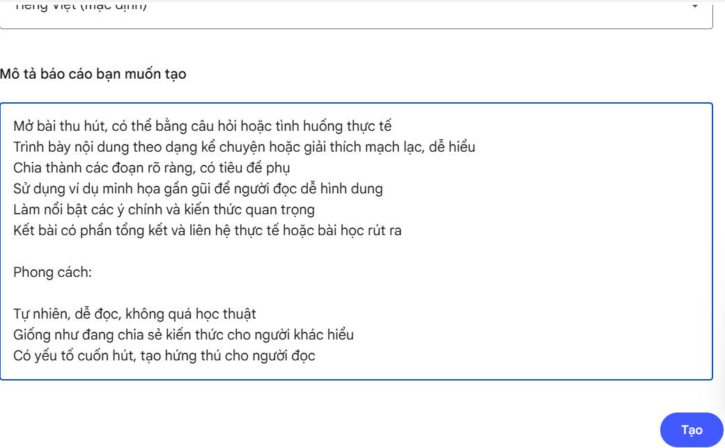 Mô tả viết blog bằng NotebookLM