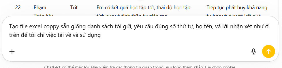 Tải nhận xét học sinh theo TT 22 trên ChatGPT theo dạng Excel